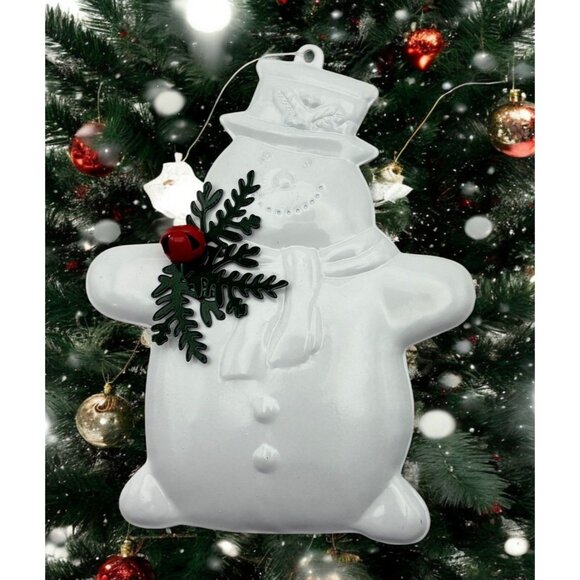 Vintage Dept 56 Snowman Christmas Tree Ornament White Metal Holly Bell Accent - Picture 1 of 7